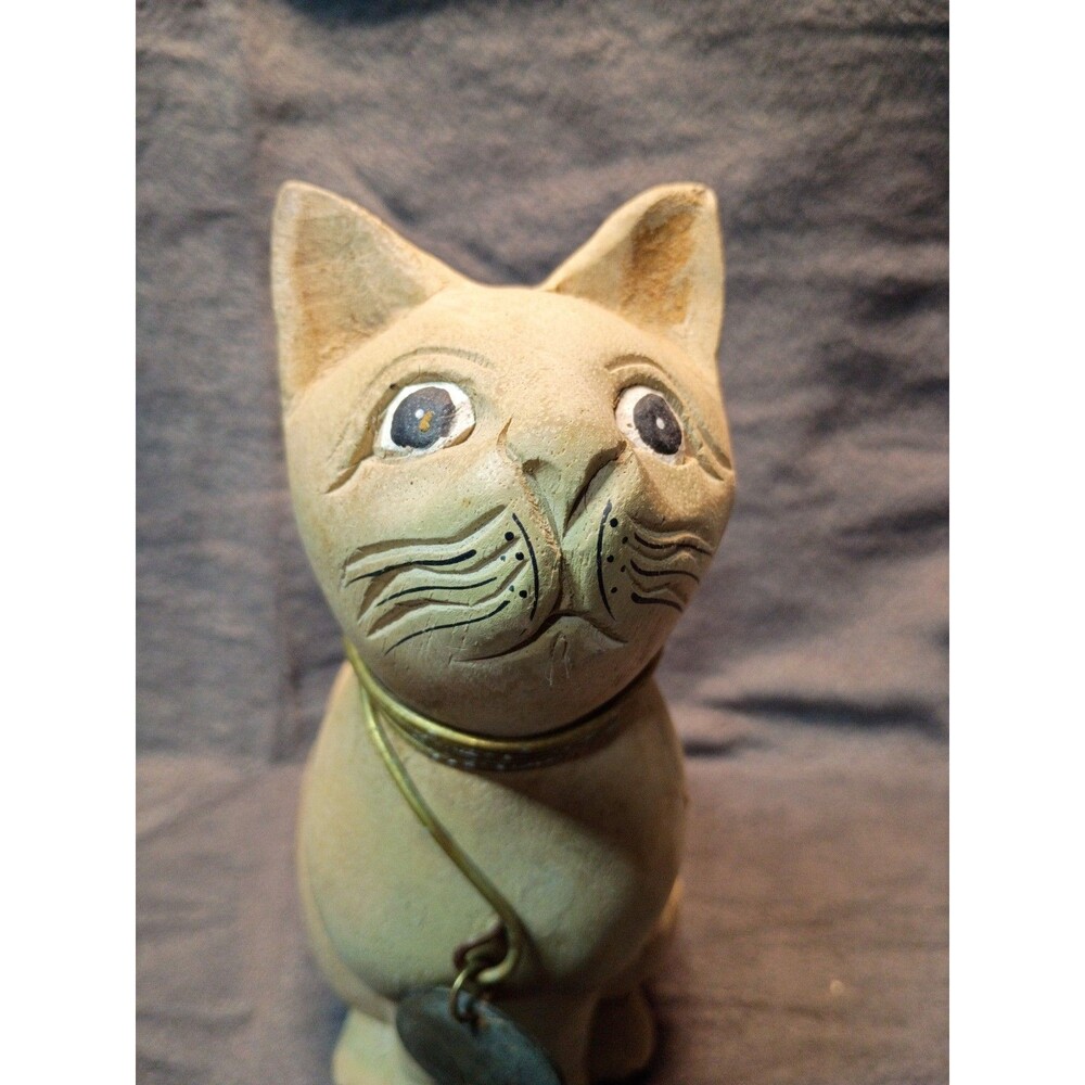Vintage Hand Carved Wooden Cat Folk Art Sculpture Brass Collar Rustic Whimsical - Picture 5 of 14